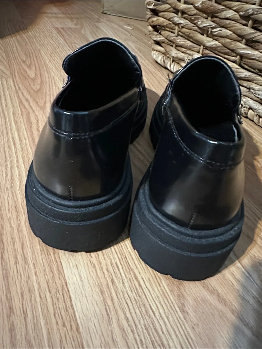 Steve Madden Black Patent Loafers with Gold Chain Detail